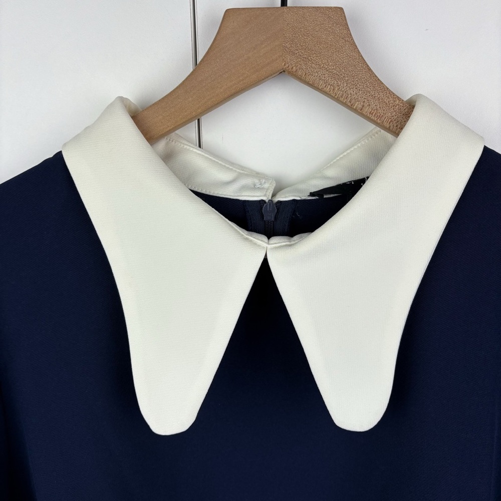 Sister Jane Peter Pant Collar Embellished Puff Sleeve Jacquard Mini Dress Navy - Picture 3 of 9